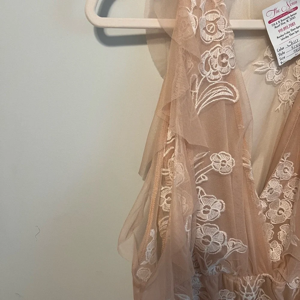 Floral Embroidered Sheer Tan Romper - Picture 2 of 4